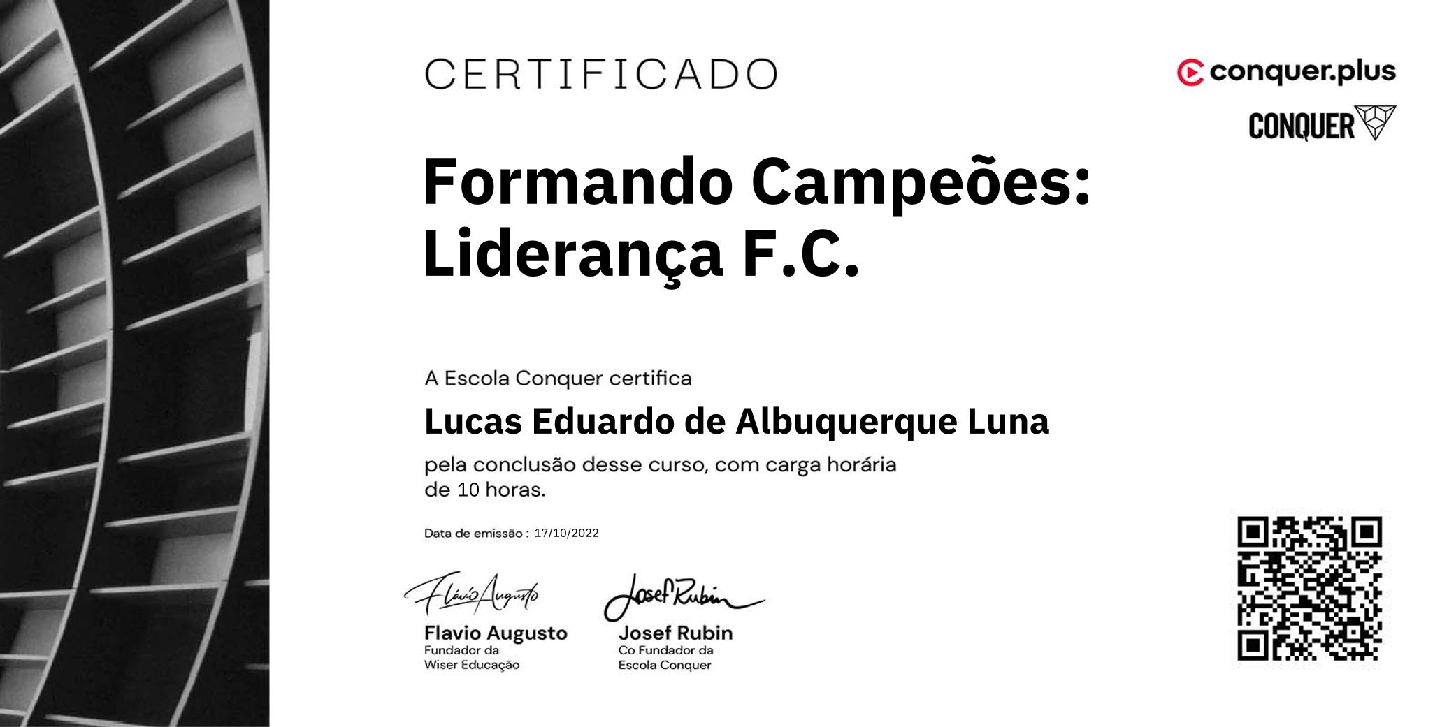 Certificado de Formando Campeões: Liderança F.C.