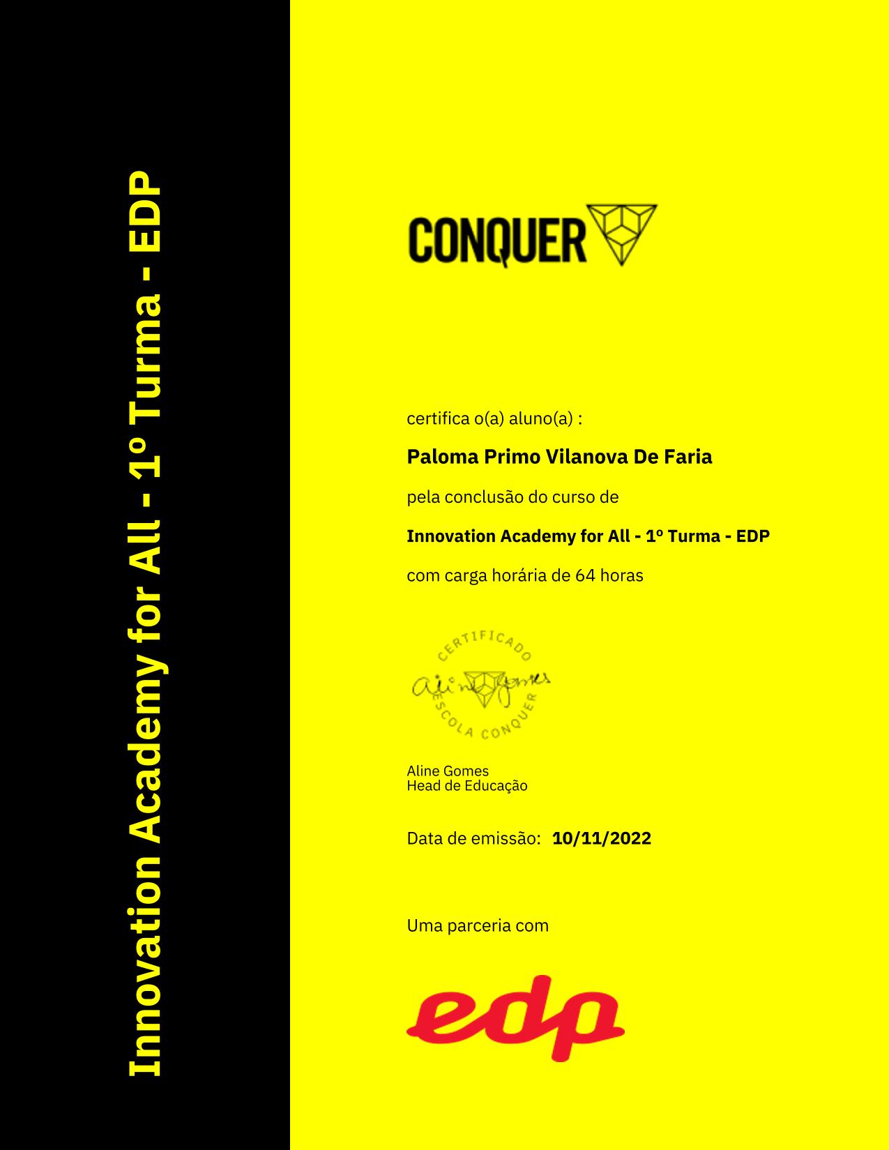 Certificado de Innovation Academy for All - 1º Turma - EDP