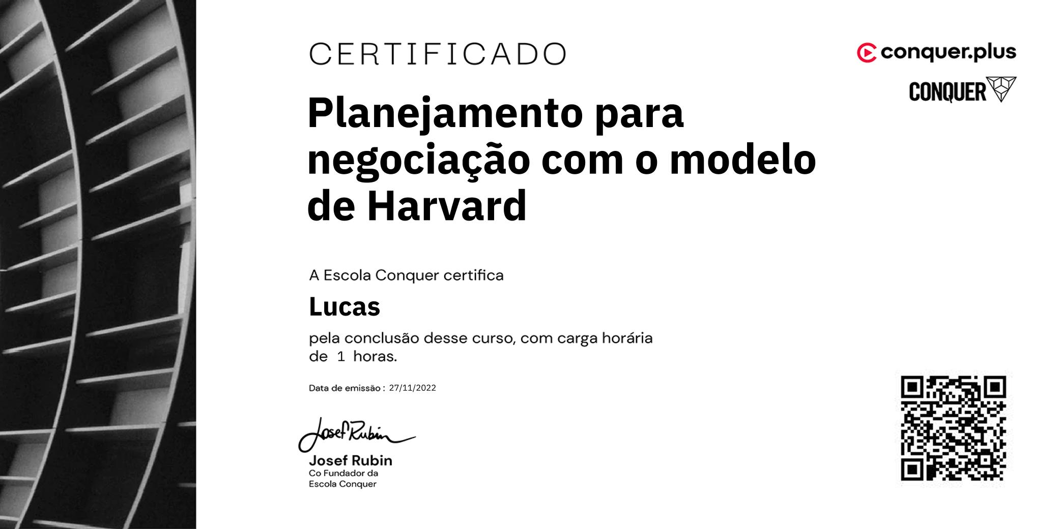 Certificado de Planejamento para negociação com o modelo de Harvard