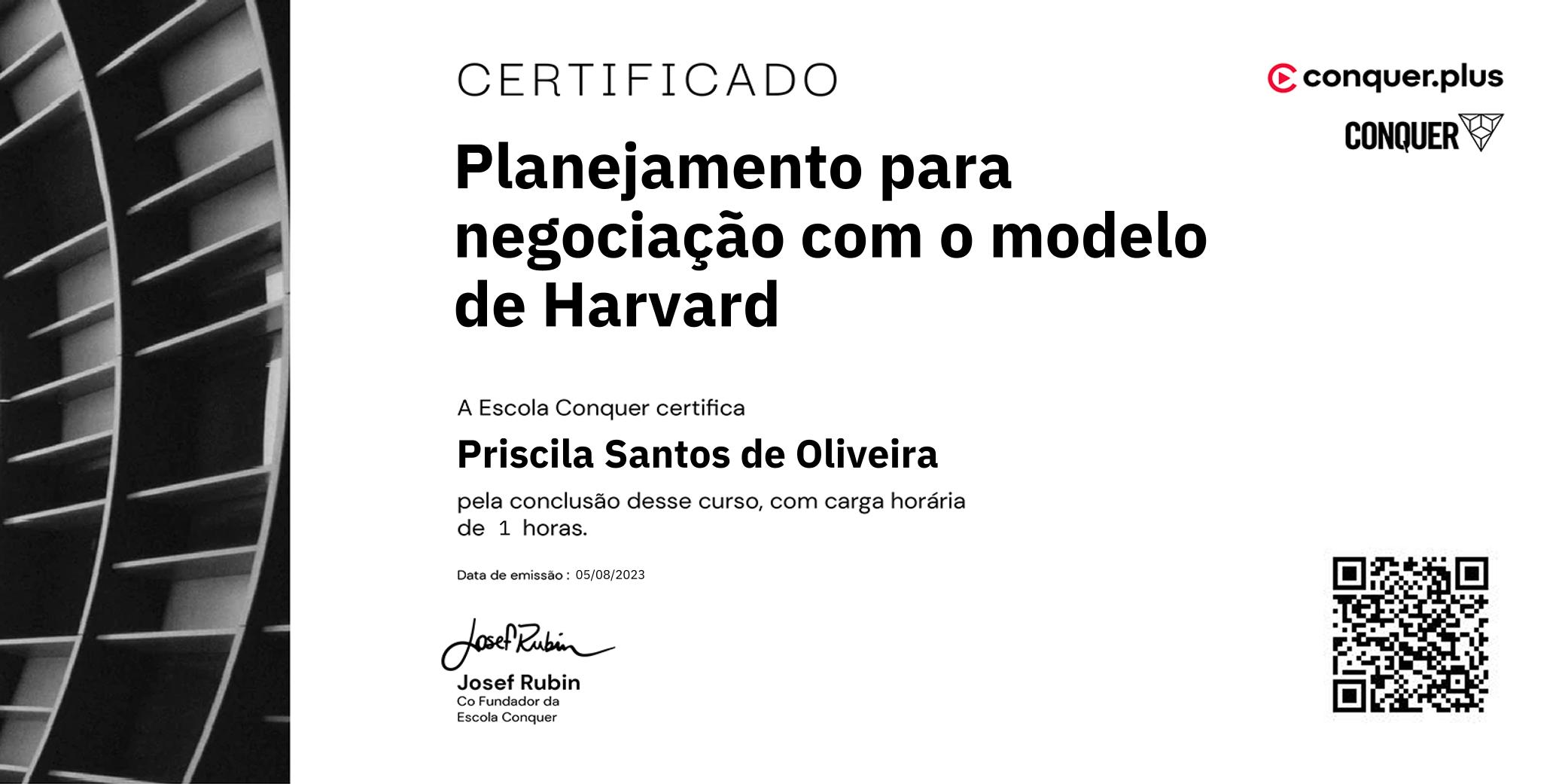 Certificado de Planejamento para negociação com o modelo de Harvard