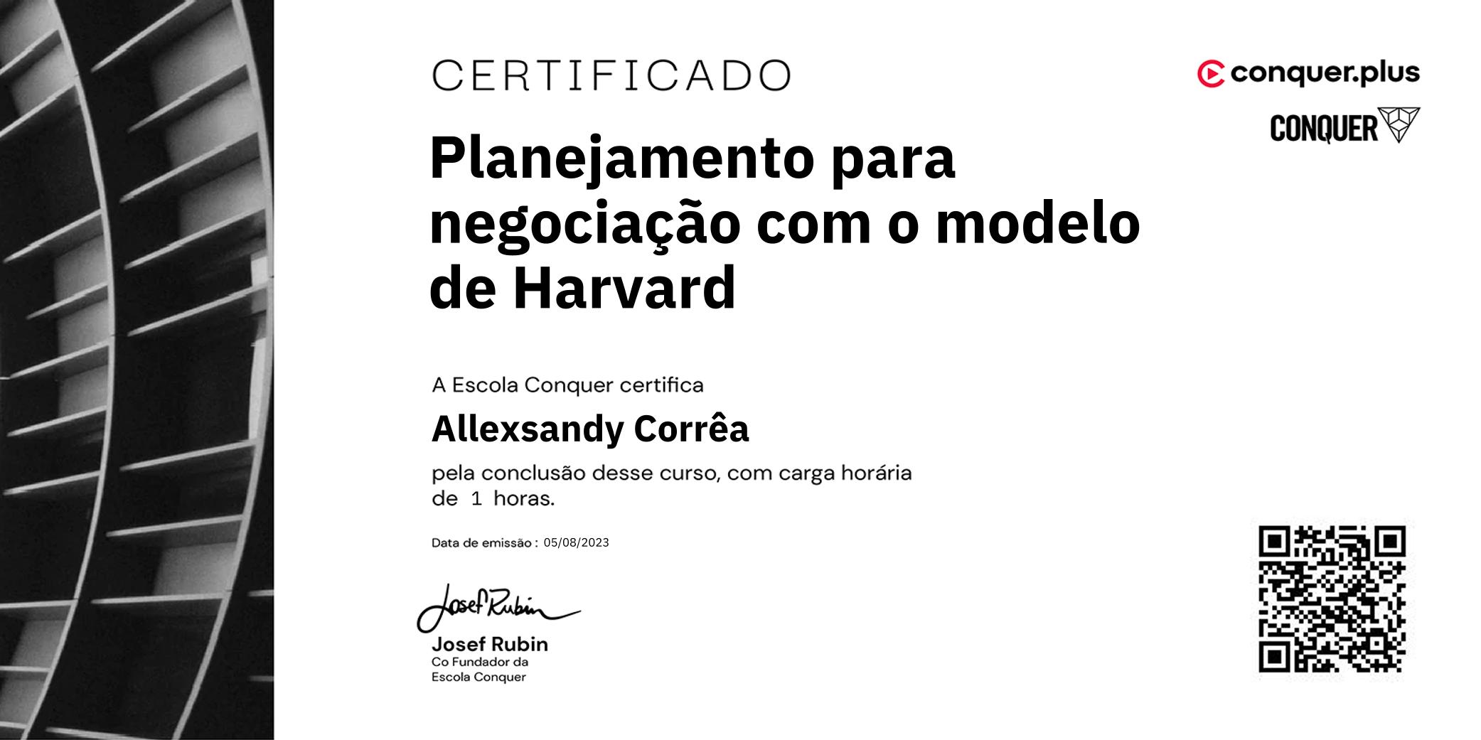 Certificado de Planejamento para negociação com o modelo de Harvard