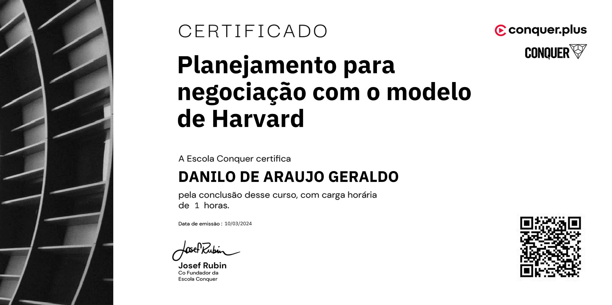 Certificado de Planejamento para negociação com o modelo de Harvard