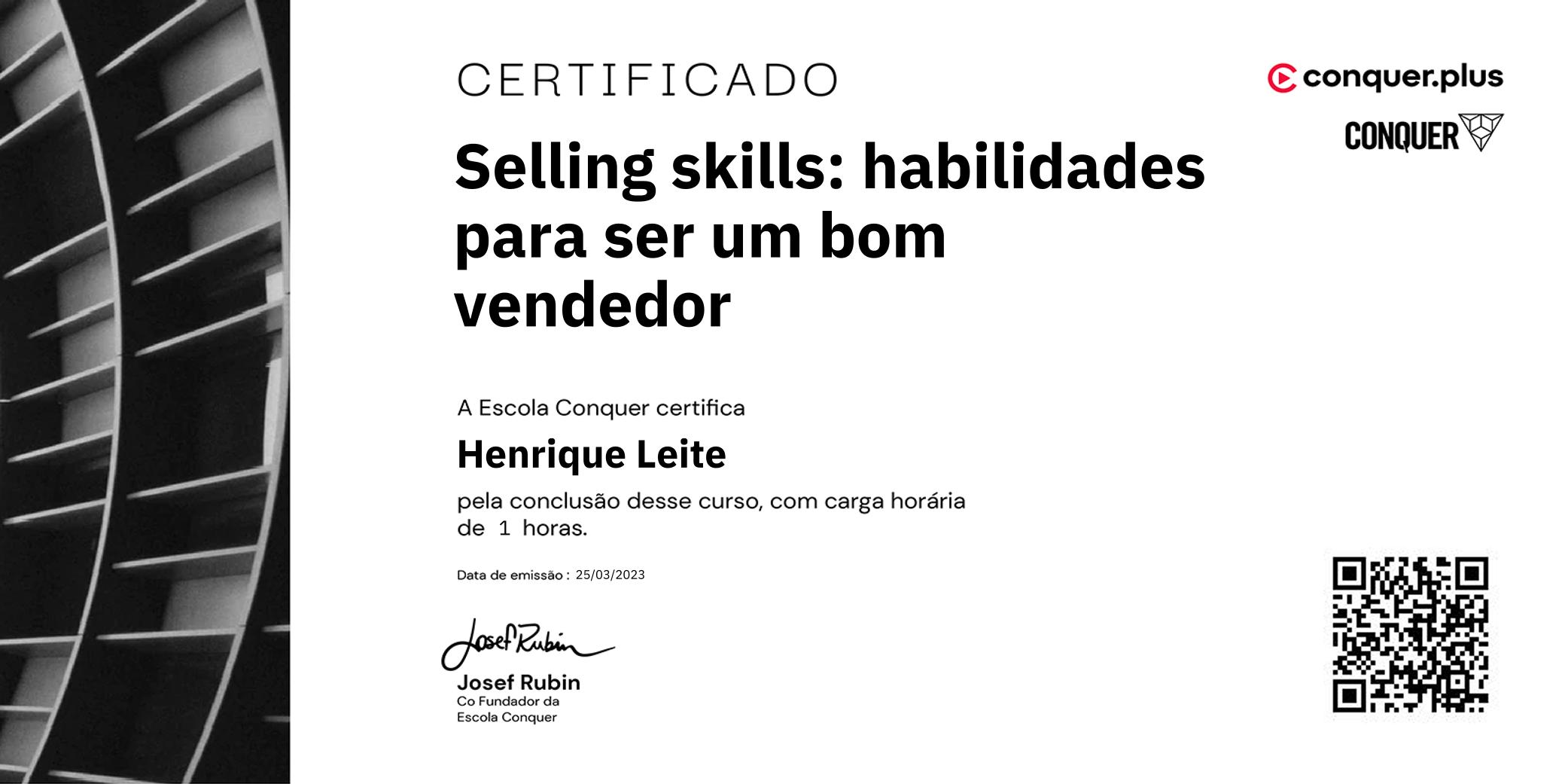 Certificado de Selling skills: habilidades para ser um bom vendedor