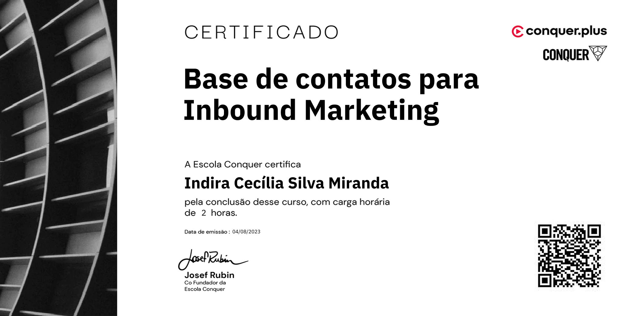 Certificado de Base de contatos para Inbound Marketing
