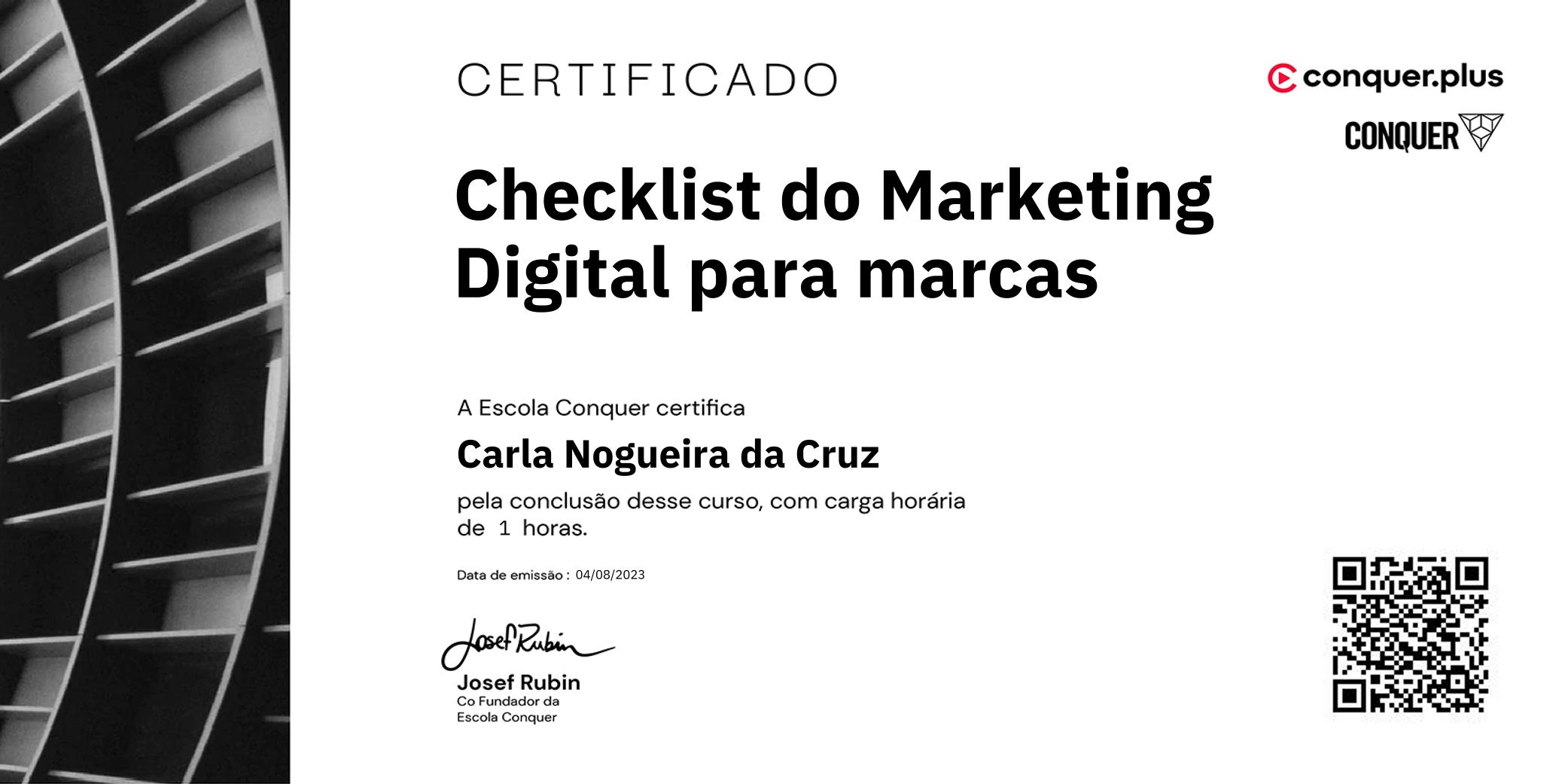 Certificado de Checklist do Marketing Digital para marcas