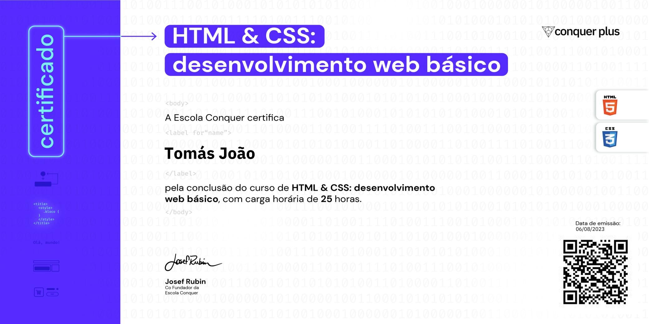 Certificado de HTML e CSS: desenvolvimento web básico