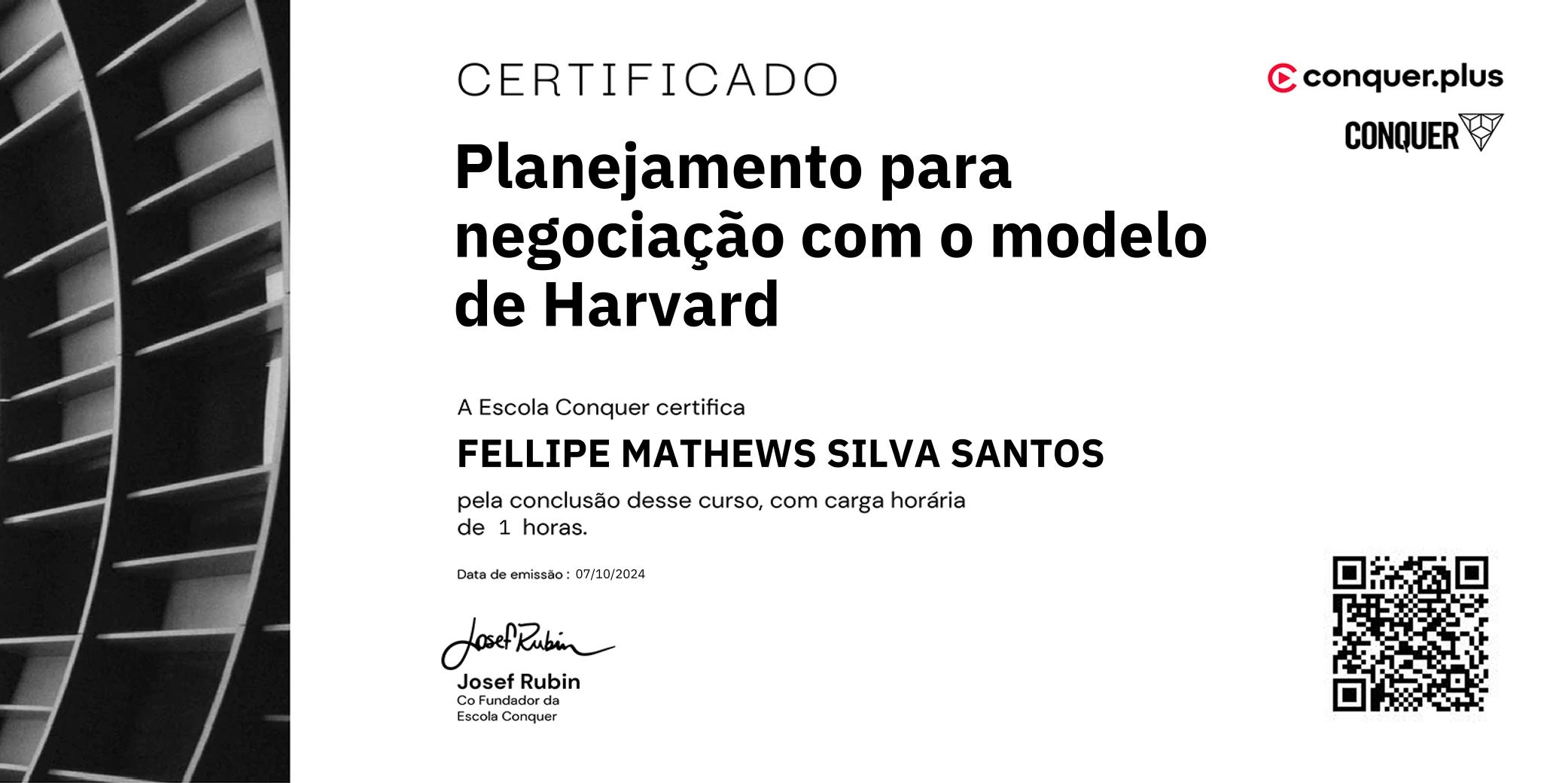 Certificado de Planejamento para negociação com o modelo de Harvard