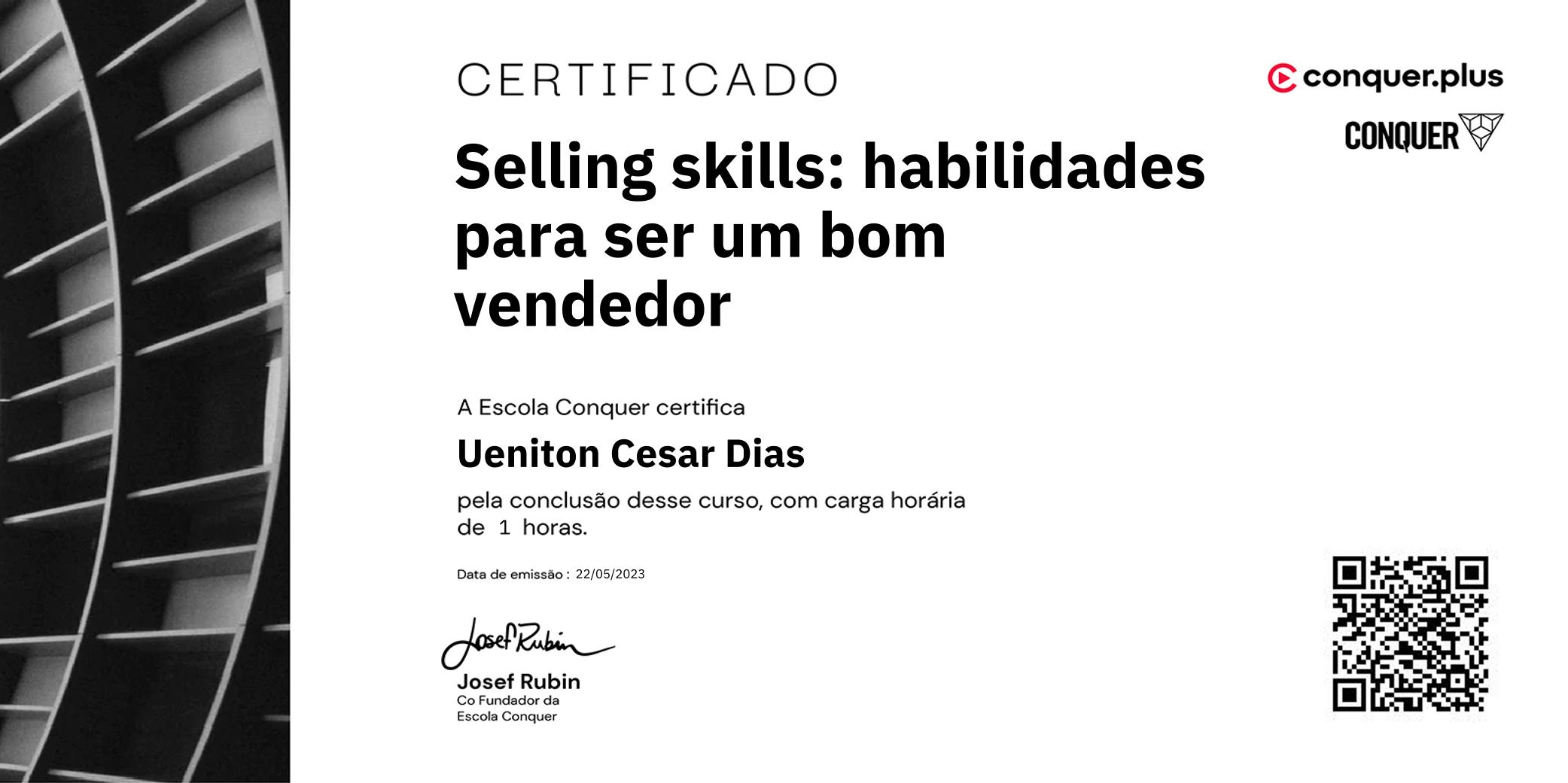 Certificado de Selling skills: habilidades para ser um bom vendedor